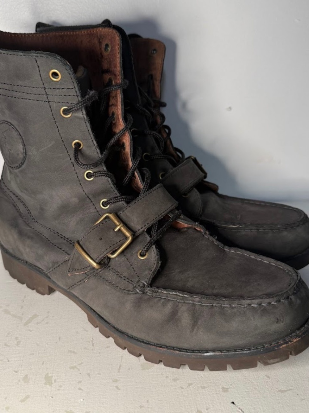 Polo Ralph Lauren Ranger Men's Leather Lace Up Boots Black Gray Buckle